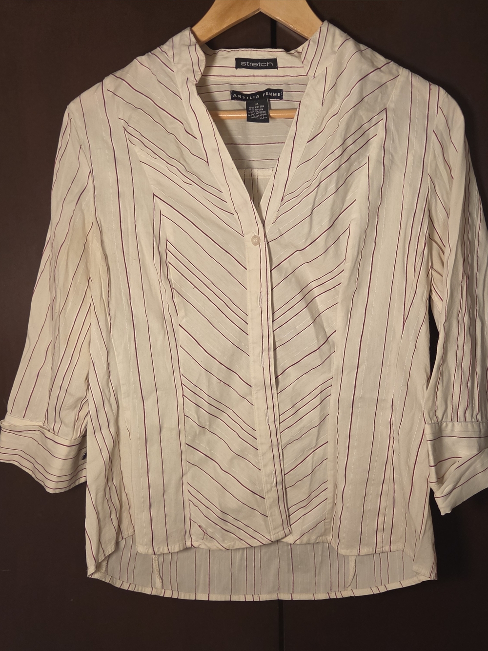 Antilia Femme Button-Front Striped Blouse with Burgundy Lines Women Size Medium